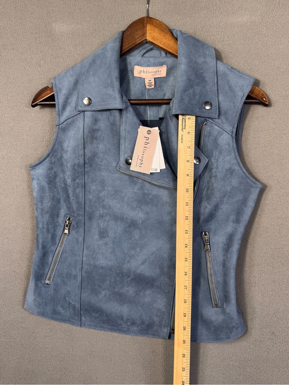 Philosophy Dusty Blue Shadow Faux Suede Sleeveless Moto Vest w/ Zipper, Small - Picture 16 of 16